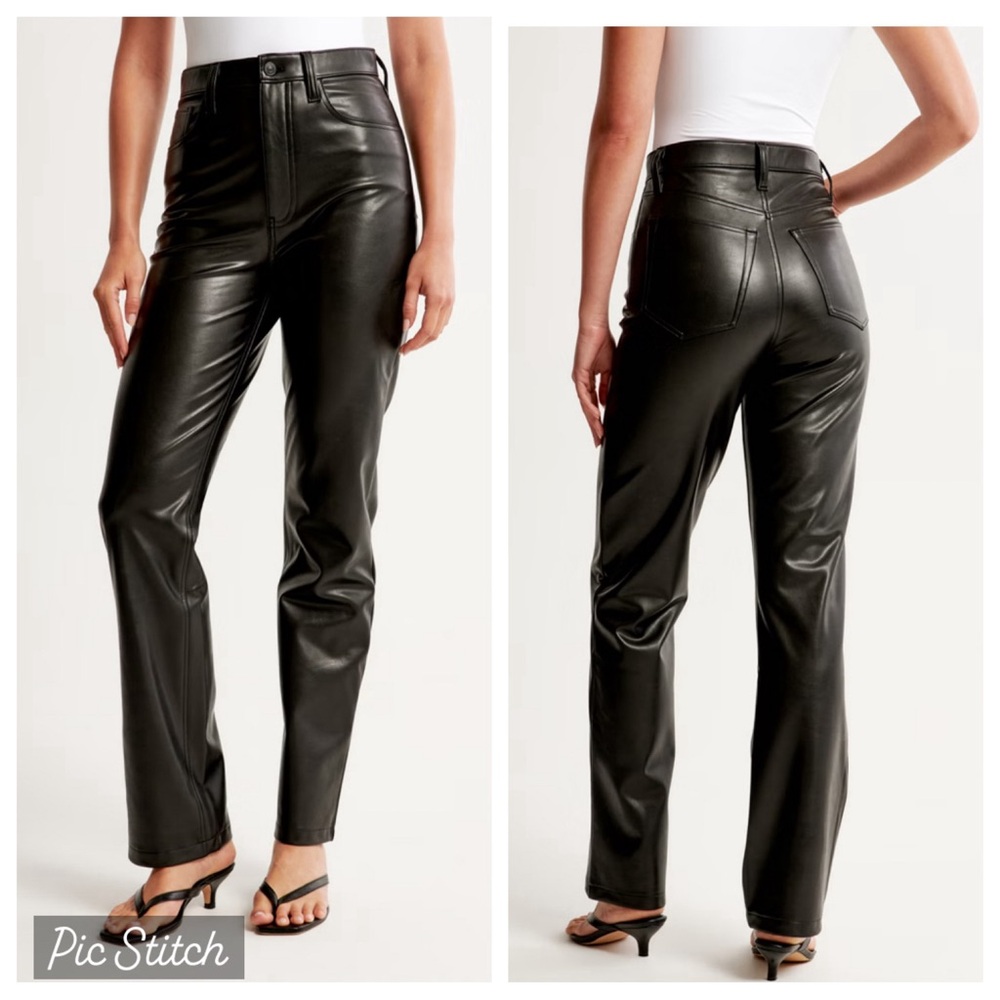 NWT ABERCROMBIE & FITCH 90s Straight Ultra High Rise Vegan Leather Black Pant